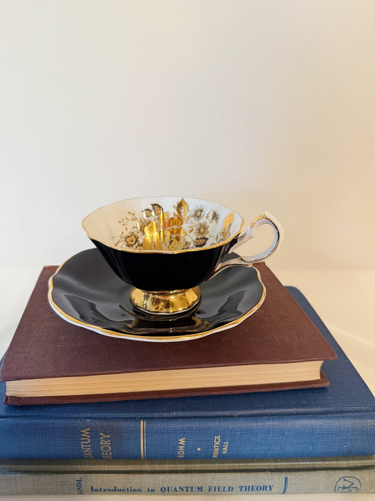 Queen Anne Black Teacup and Saucer with Heavy Gold Rose Bone China Pattern 300
