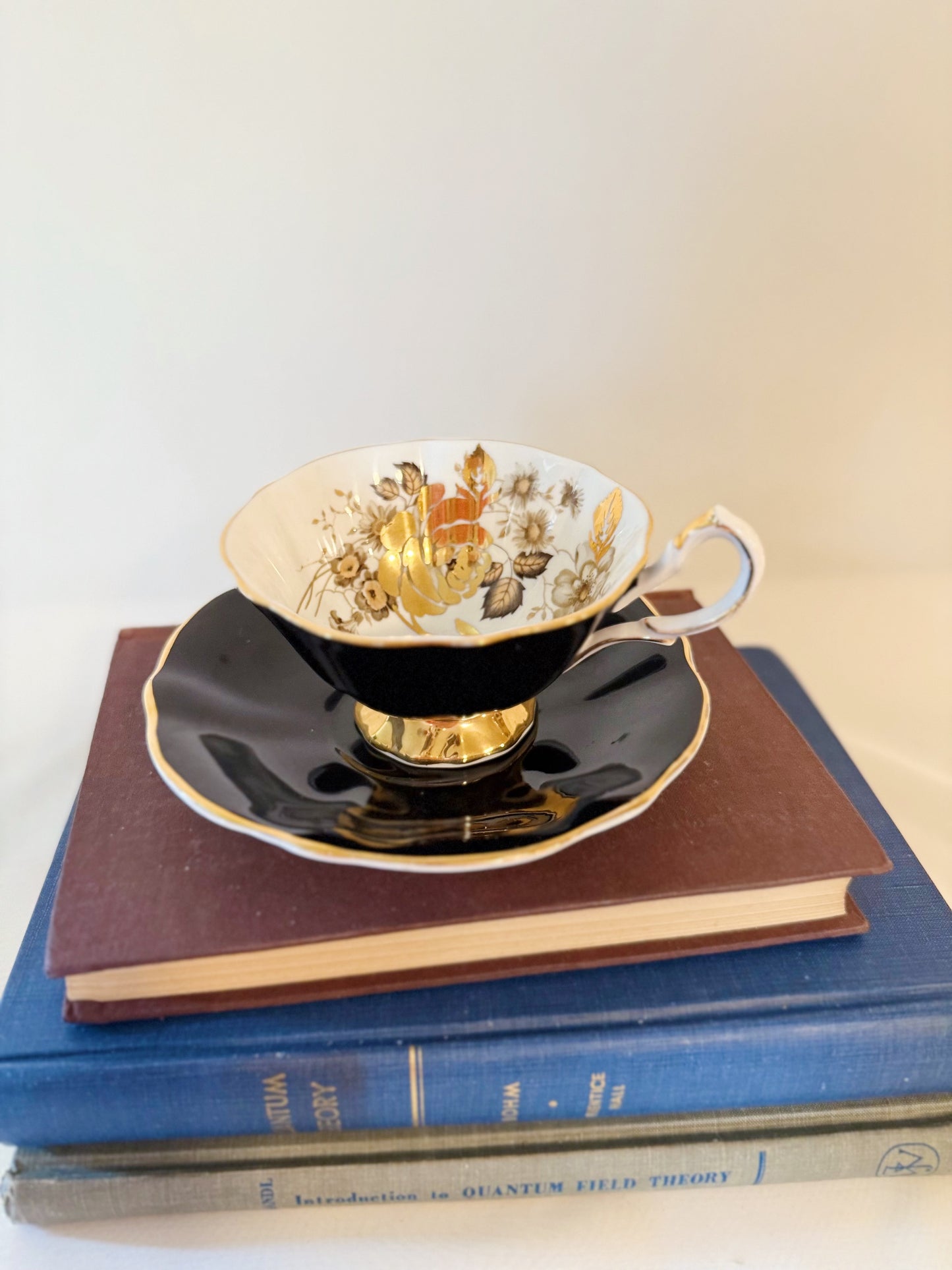 Queen Anne Black Teacup and Saucer with Heavy Gold Rose Bone China Pattern 300