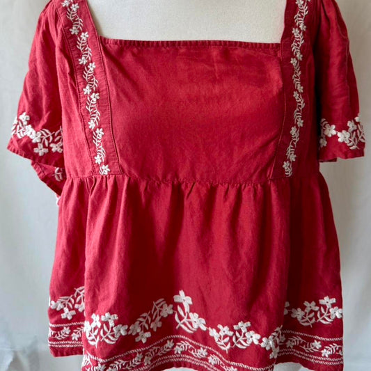 Red orange embroidered blouse with white