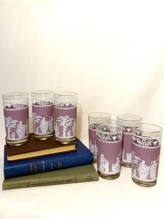 Set of 7 Midcentury Jeanette Hellenic Glassware in Lilac Purple