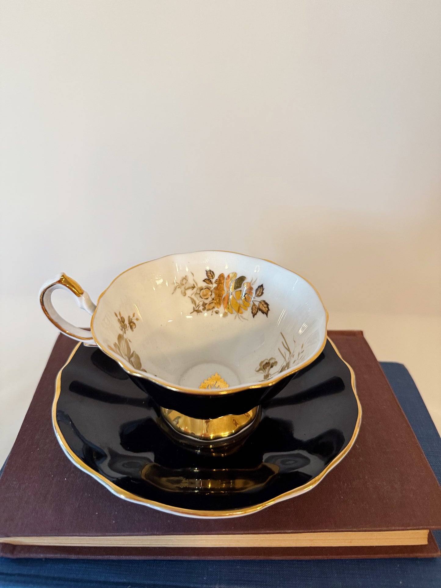 Queen Anne Black Teacup and Saucer with Heavy Gold Rose Bone China Pattern 300