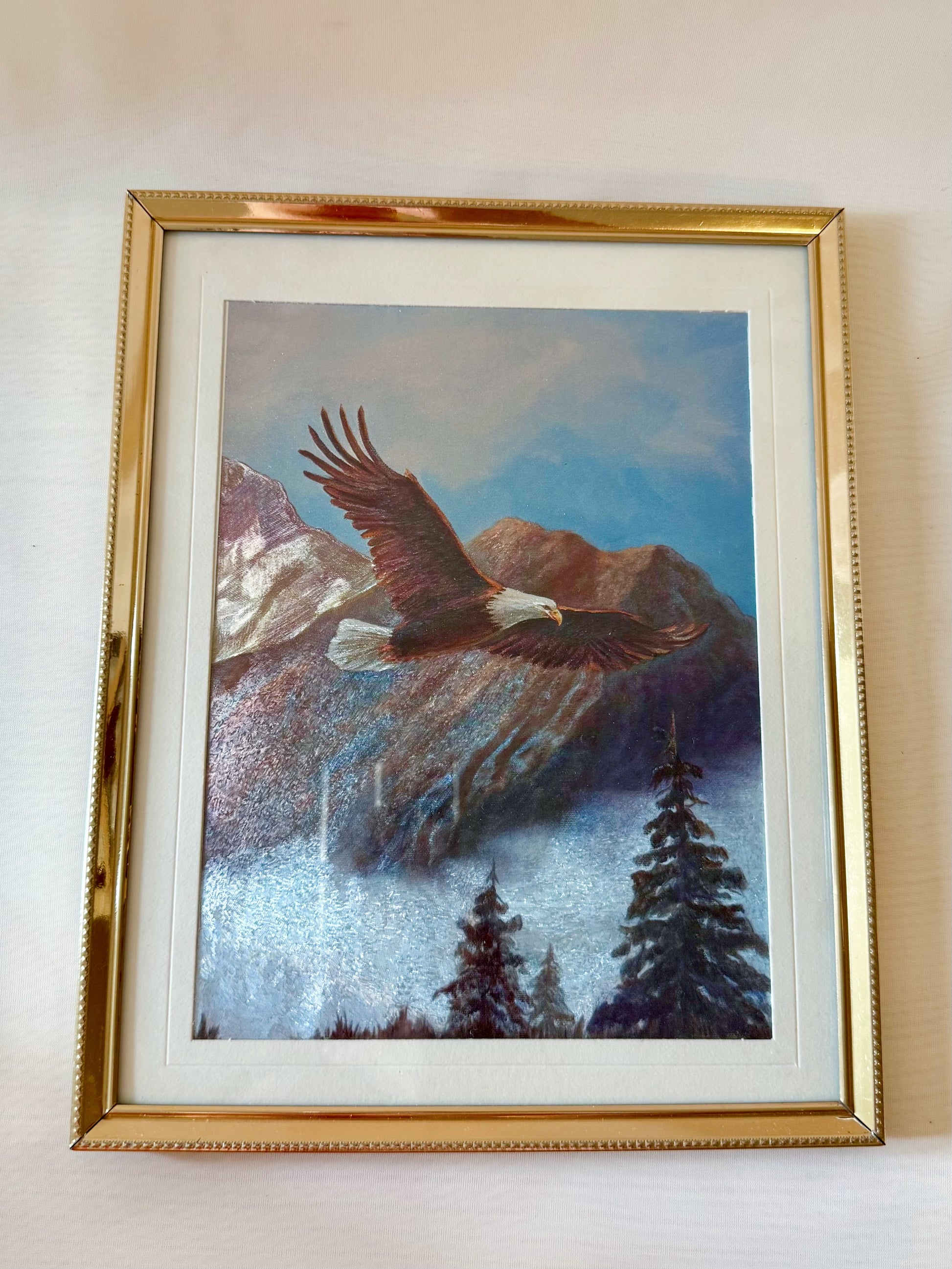 Framed painting of an eagle flying over mountains and trees.