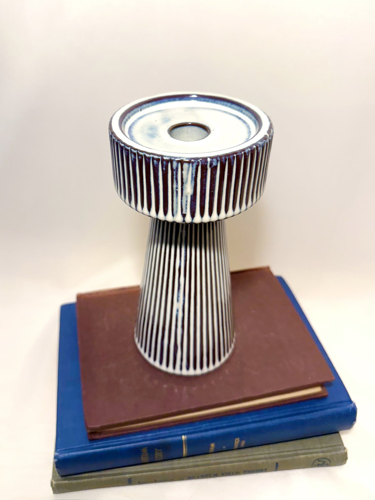 Blue & White Striped Candlestick Holder