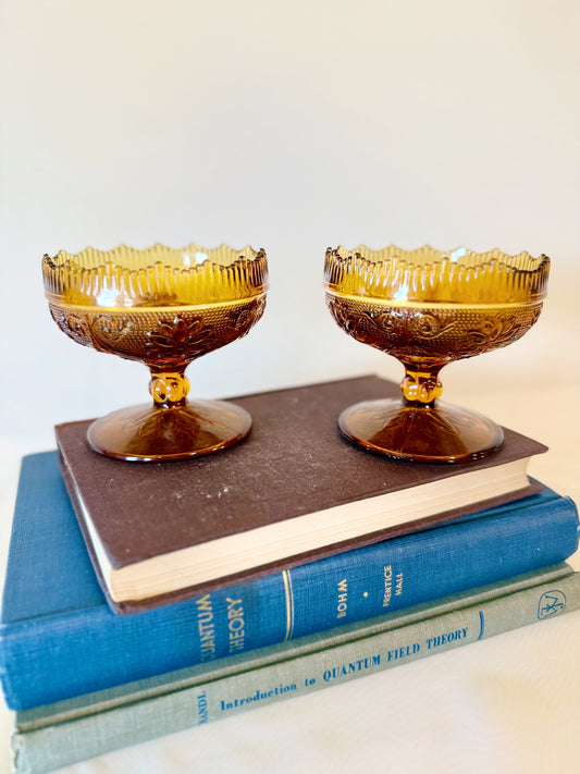 Set of 2 Tiara Indiana Amber Glass Candlestick Holders