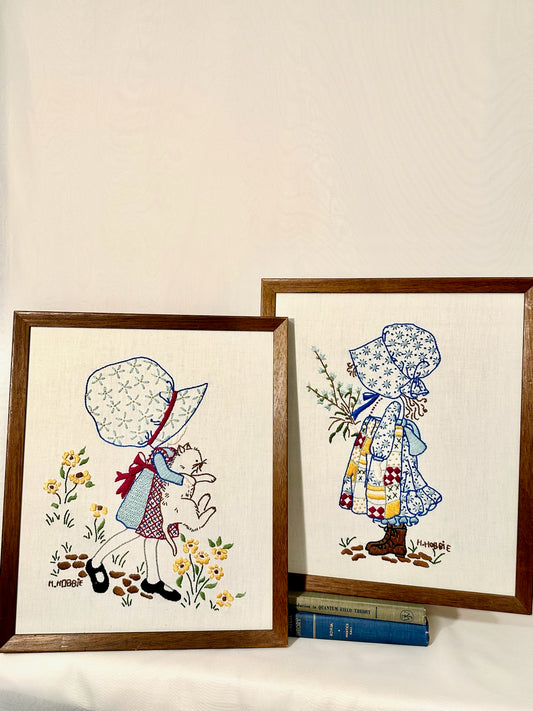 Set of 2 Holly Hobby Needlepoint Embroidery Wall Art
