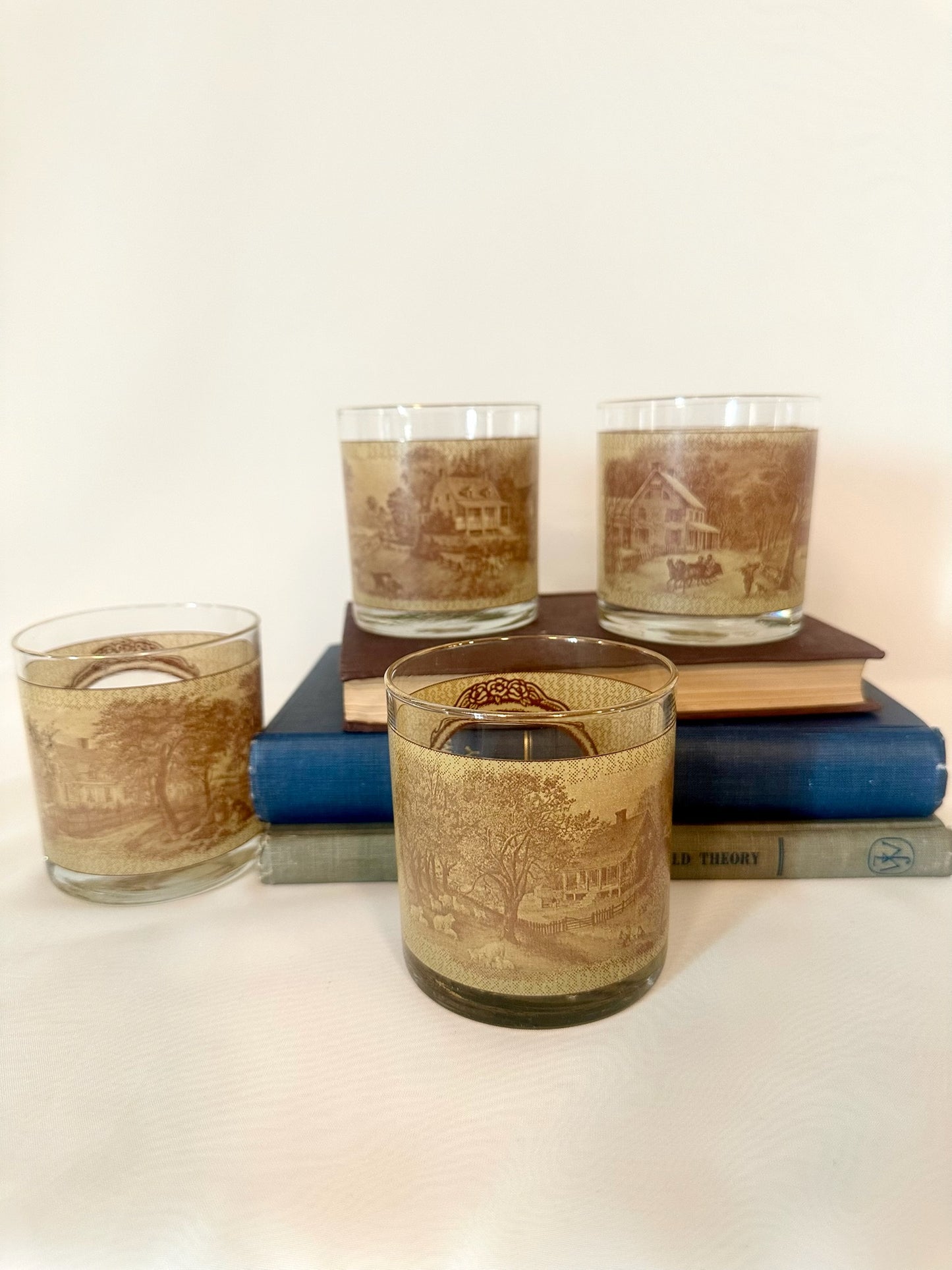 Set of Four Currier & Ives Four Seasons Panoramic Whiskey Glasses