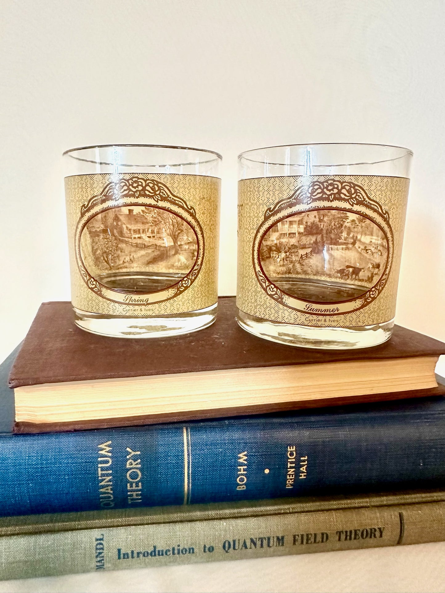 Set of Four Currier & Ives Four Seasons Panoramic Whiskey Glasses