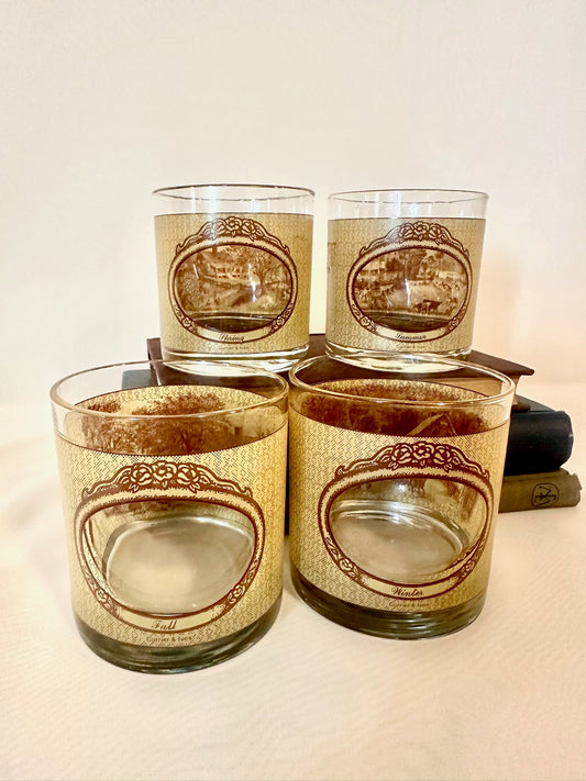 Set of Four Currier & Ives Four Seasons Panoramic Whiskey Glasses