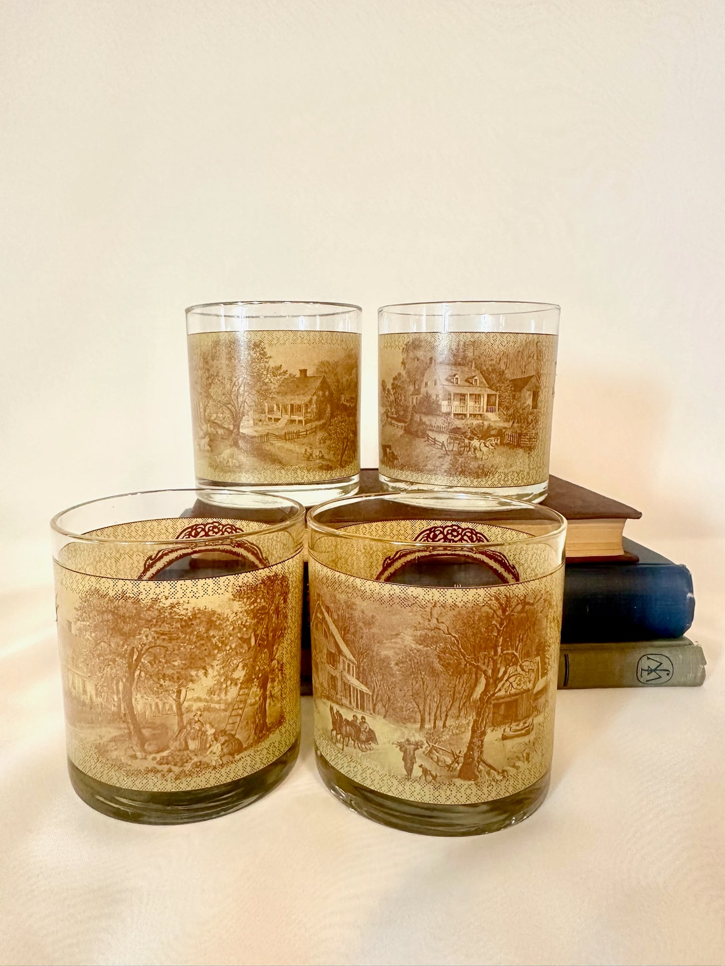 Set of Four Currier & Ives Four Seasons Panoramic Whiskey Glasses