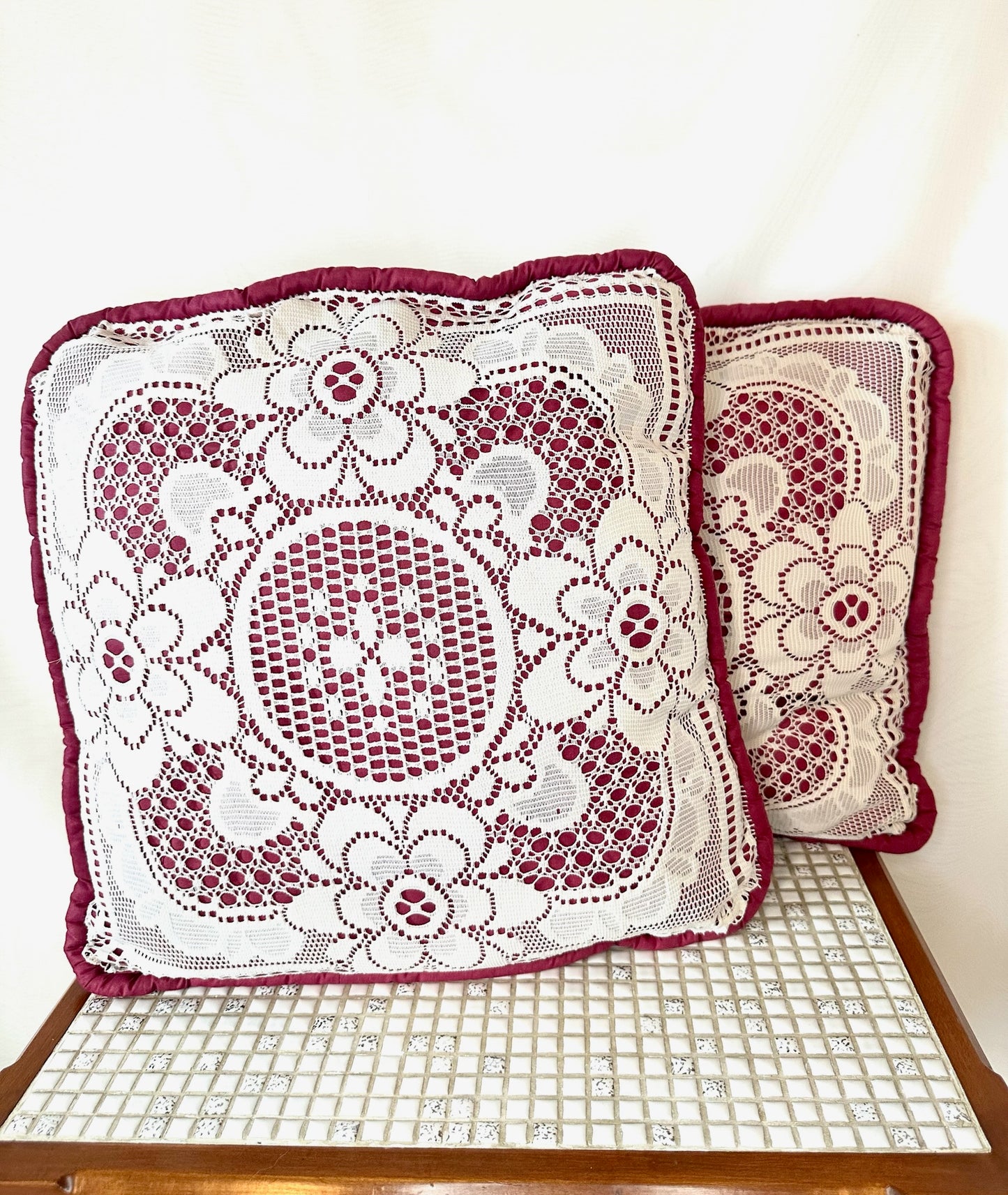 Set of 2 Vintage Red & White Lace Pillows