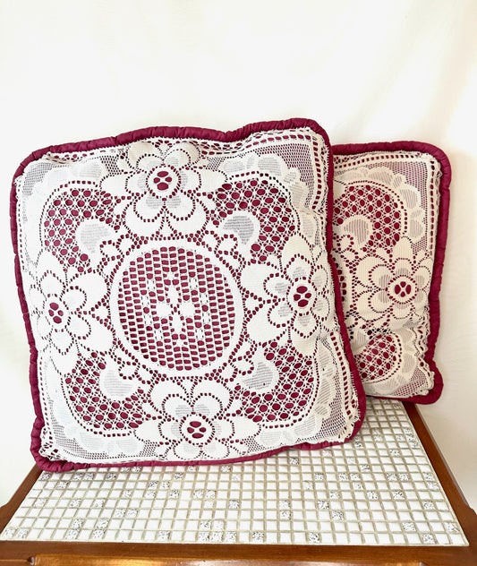 Set of 2 Vintage Red & White Lace Pillows