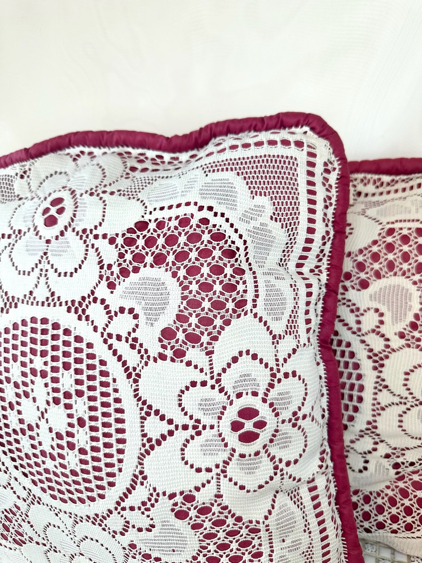 Set of 2 Vintage Red & White Lace Pillows