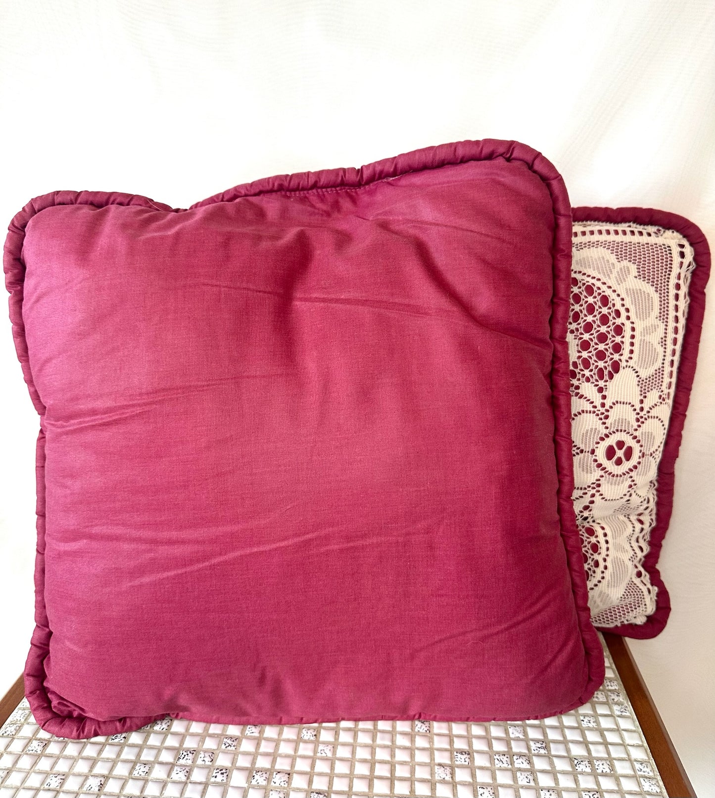 Set of 2 Vintage Red & White Lace Pillows