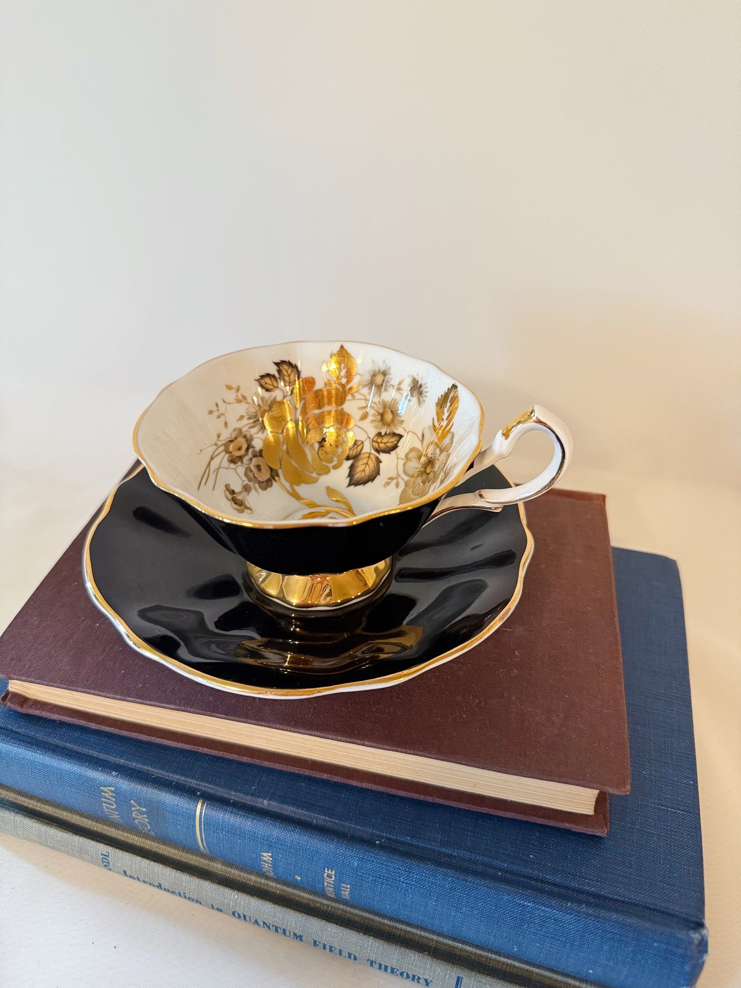 Queen Anne Black Teacup and Saucer with Heavy Gold Rose Bone China Pattern 300