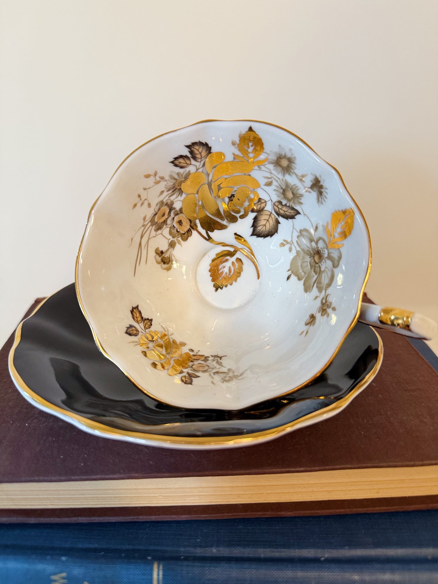 Queen Anne Black Teacup and Saucer with Heavy Gold Rose Bone China Pattern 300
