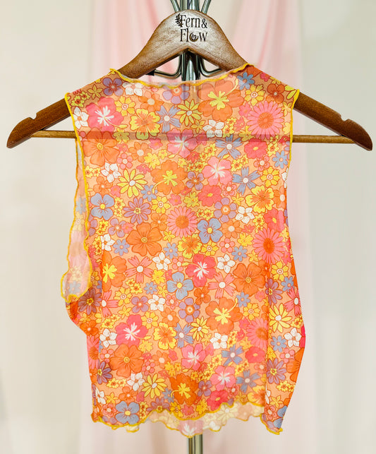 Sheer Funky Floral Sleeveless Top – Size Medium