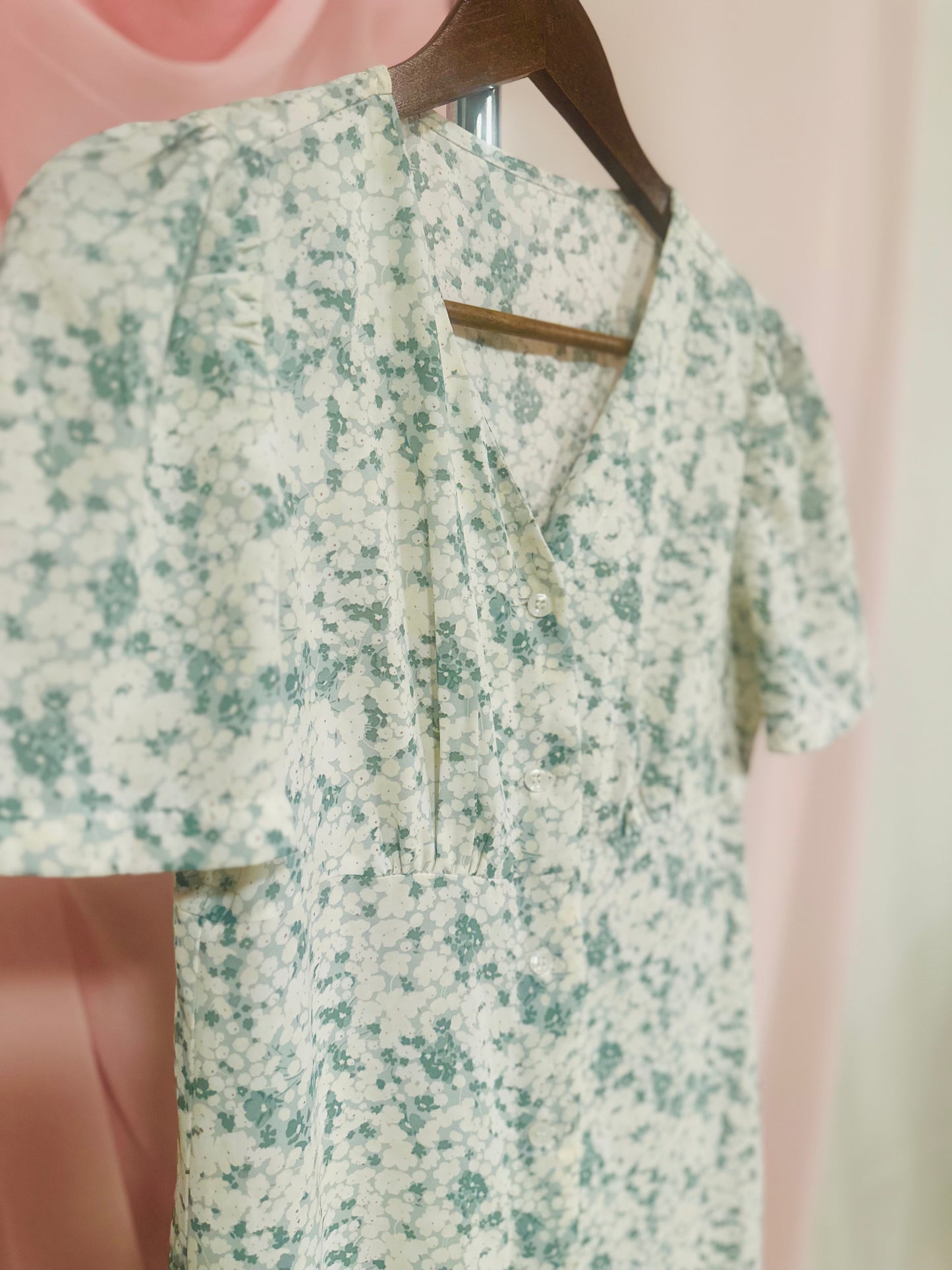 Handmade Green Floral Button-Front Dress – Small/Medium