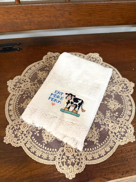 Eat More Pork Cross-Stitch Lace Towel