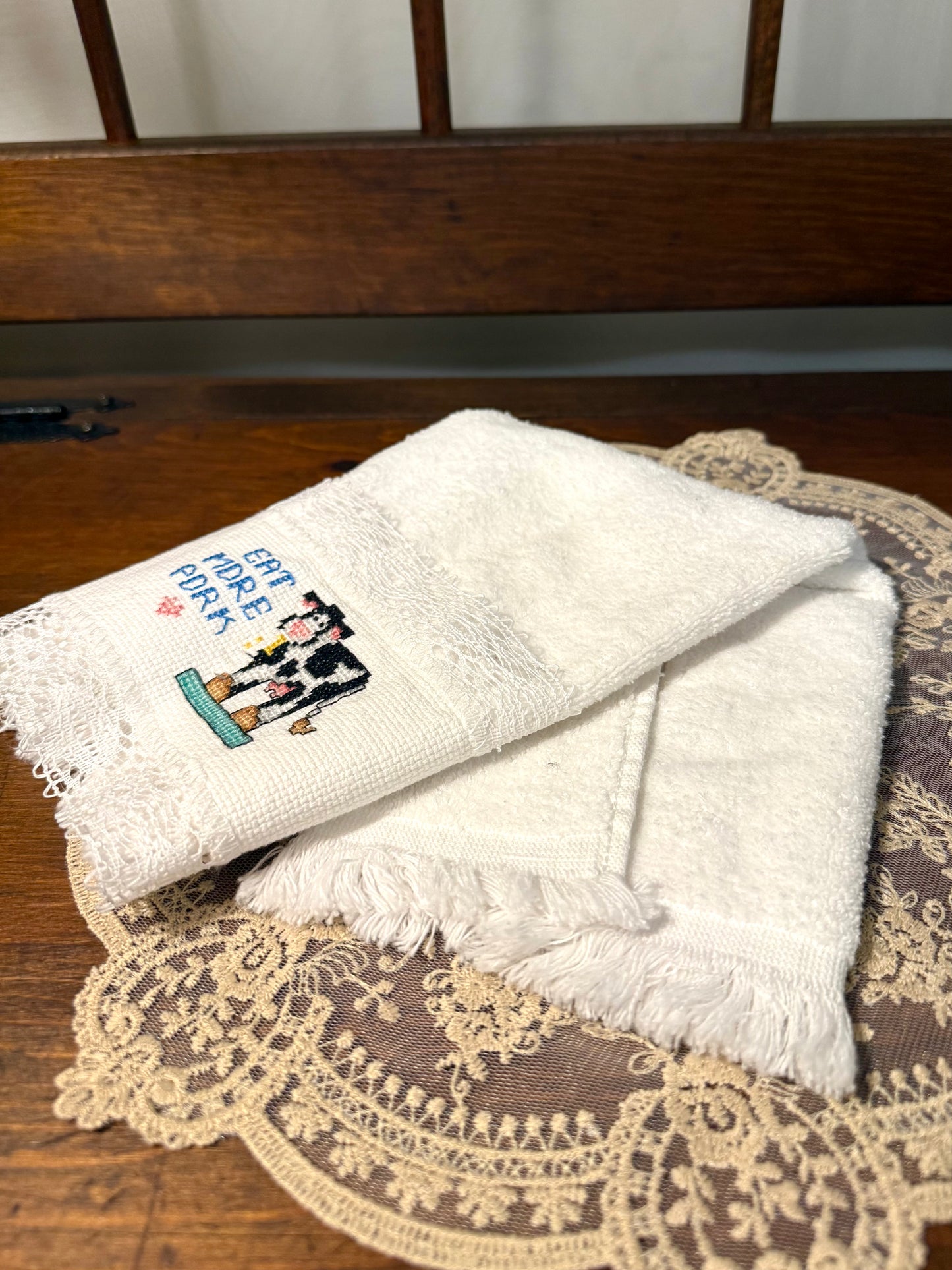Eat More Pork Cross-Stitch Lace Towel