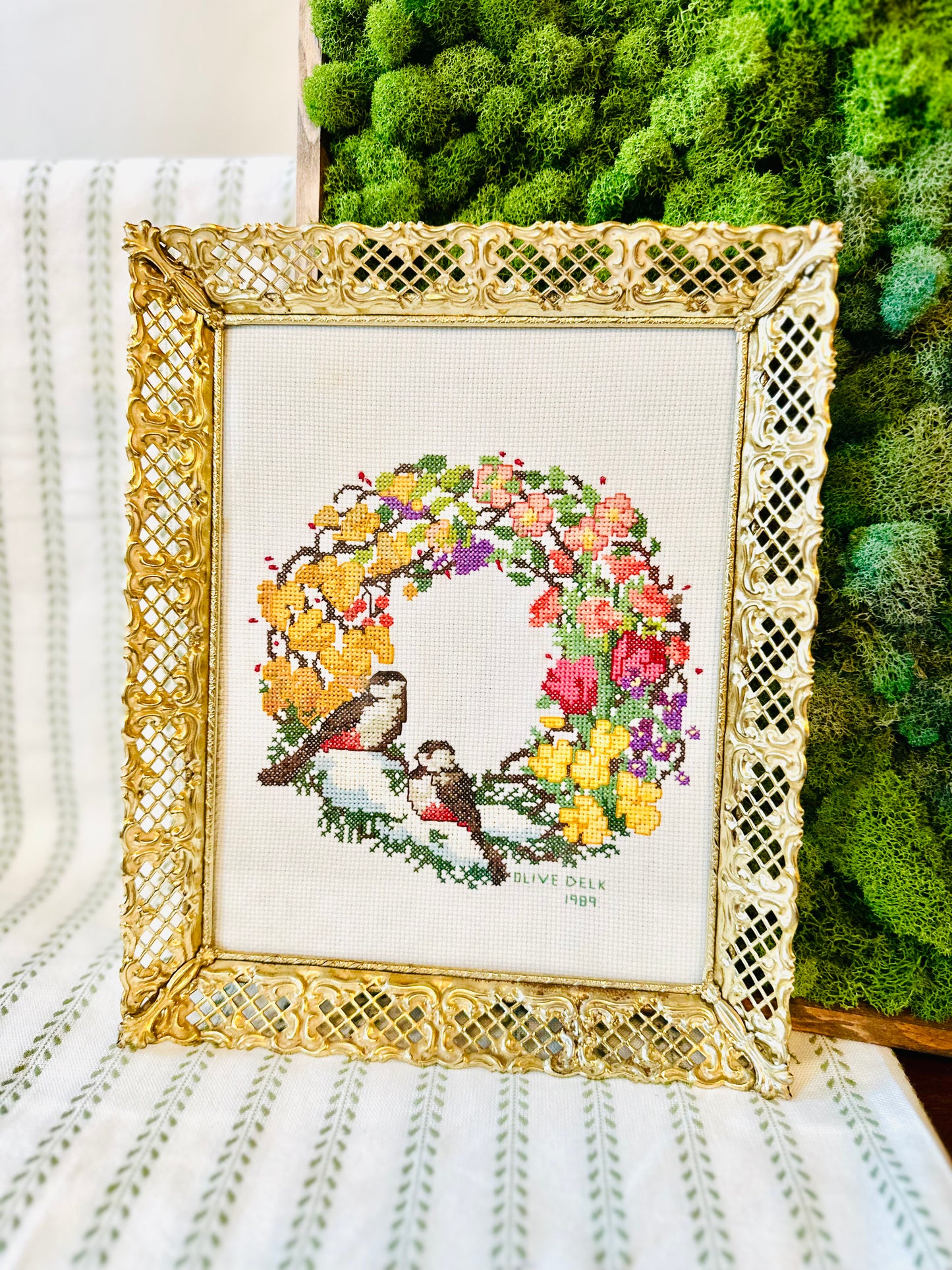 Ornate Framed Bird &amp; Floral Cross Stitch