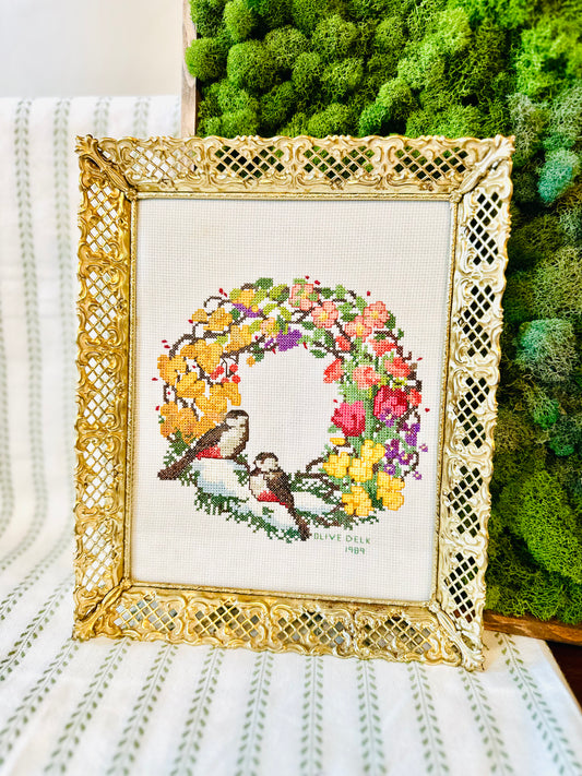 Ornate Framed Bird &amp; Floral Cross Stitch