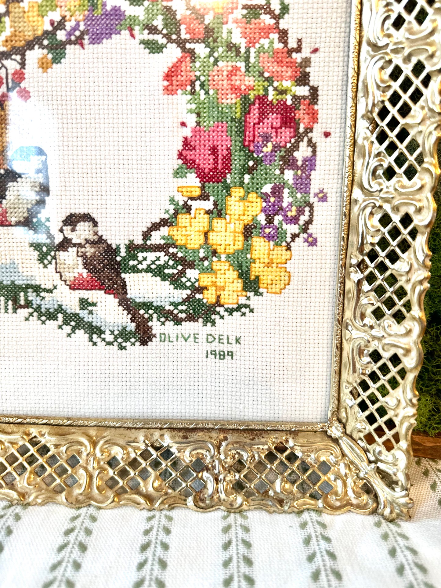 Ornate Framed Bird &amp; Floral Cross Stitch