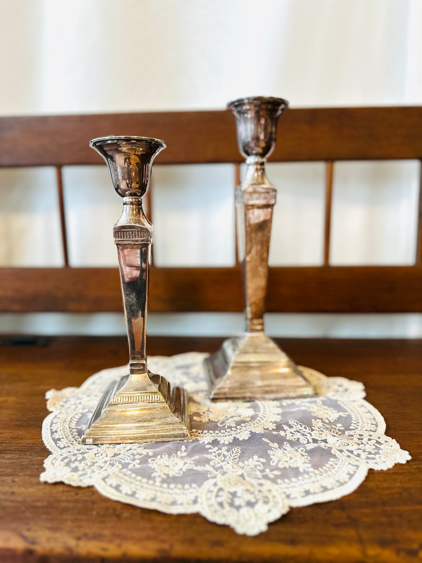 Two Pottery Barn Mayfield Hotel silver taper candlesticks