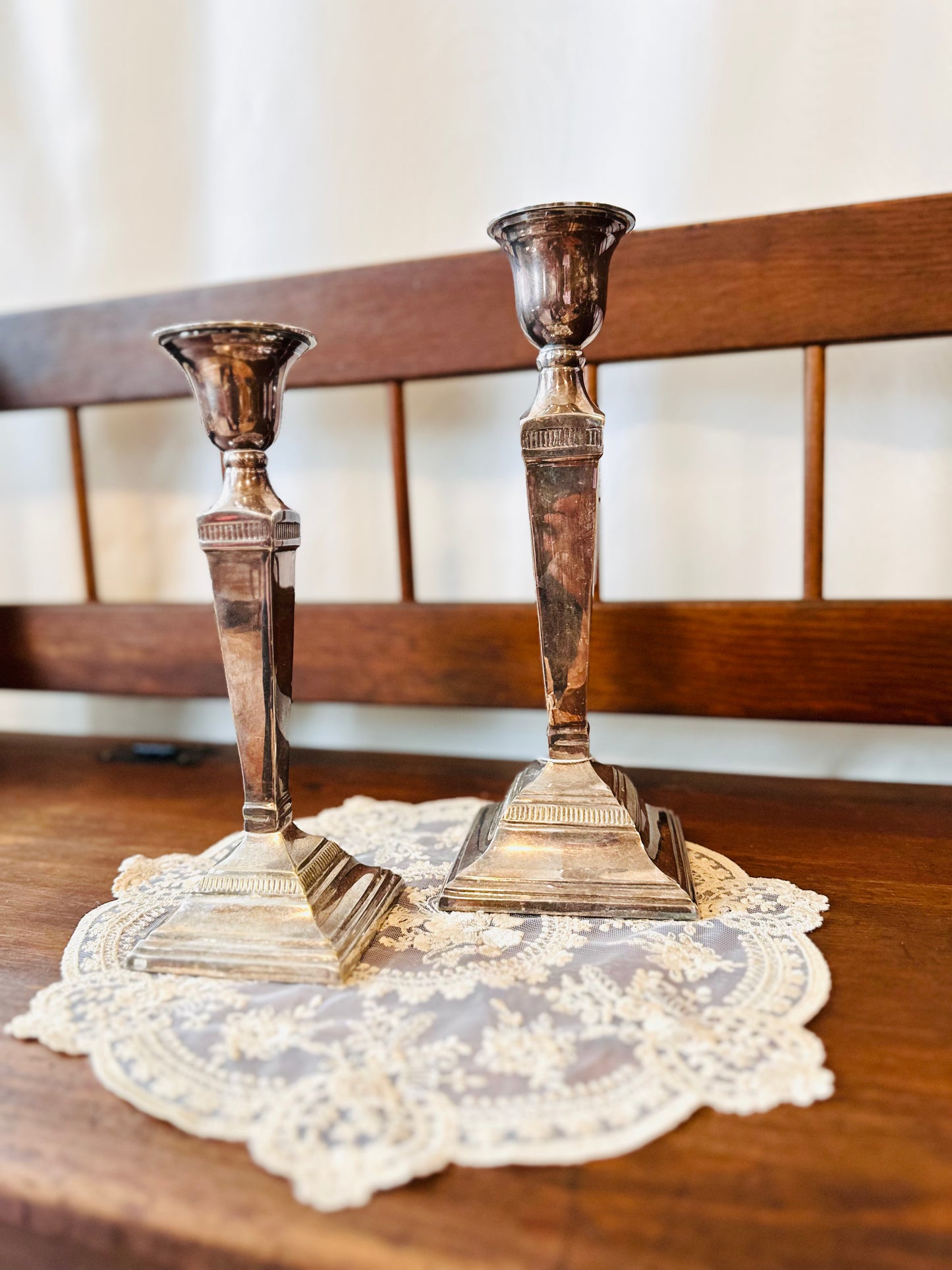 Two Pottery Barn Mayfield Hotel silver taper candlesticks