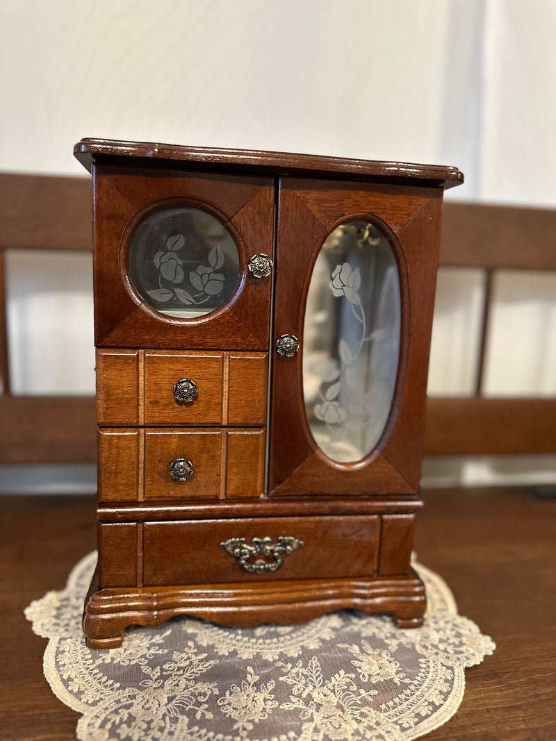 Vintage Wood Jewelry Box with Etched Glass