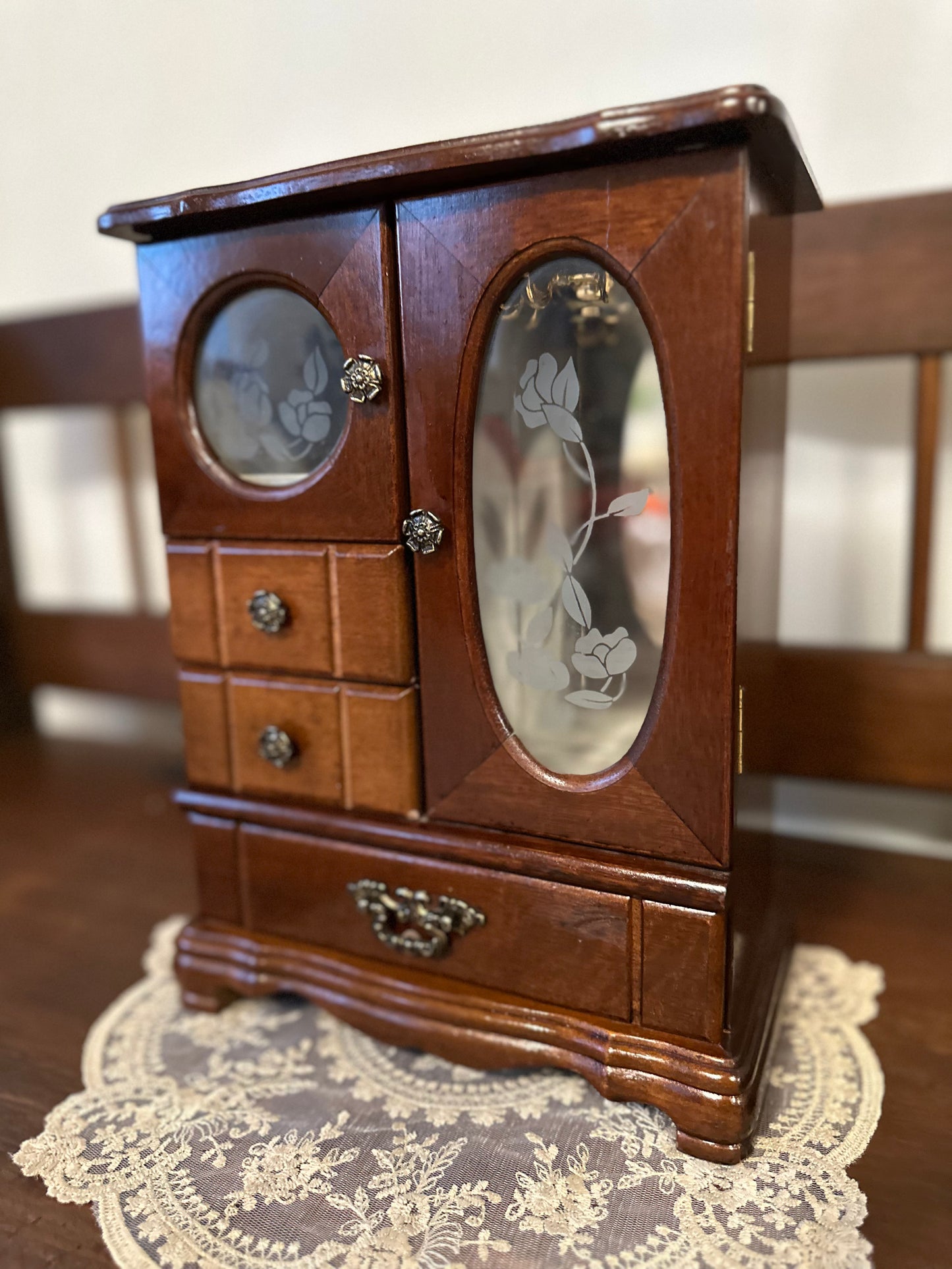 Vintage Wood Jewelry Box with Etched Glass