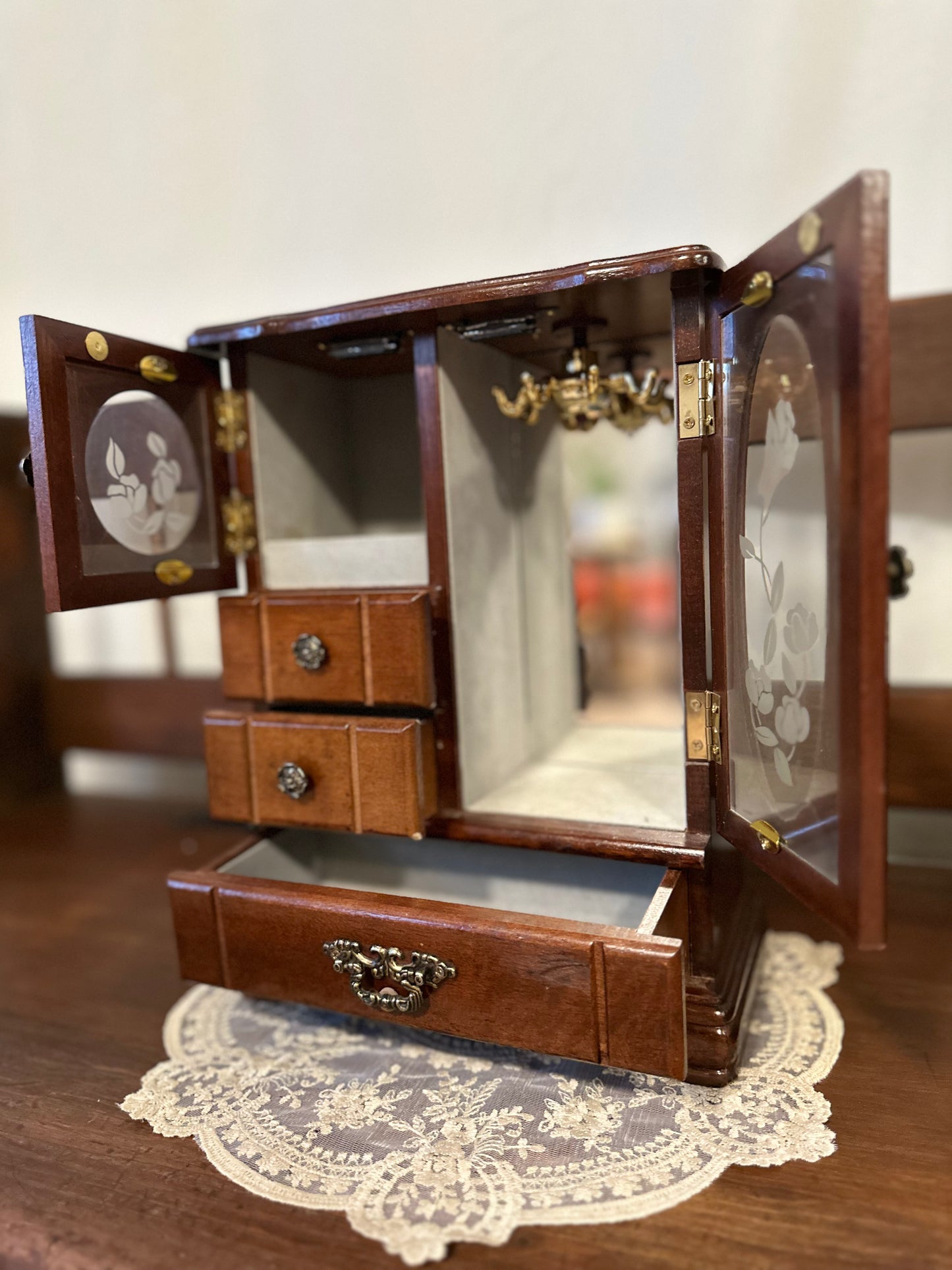 Vintage Wood Jewelry Box with Etched Glass