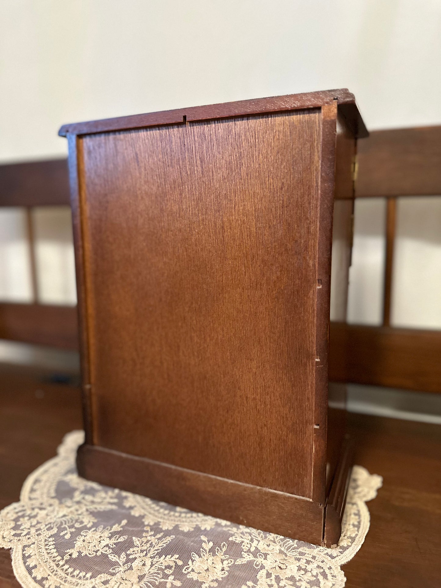 Vintage Wood Jewelry Box with Etched Glass