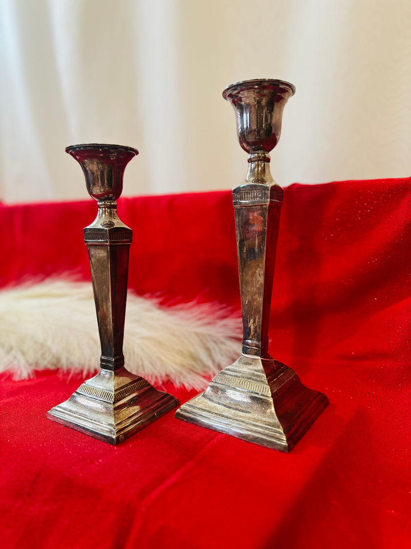 Two Pottery Barn Mayfield Hotel silver taper candlesticks