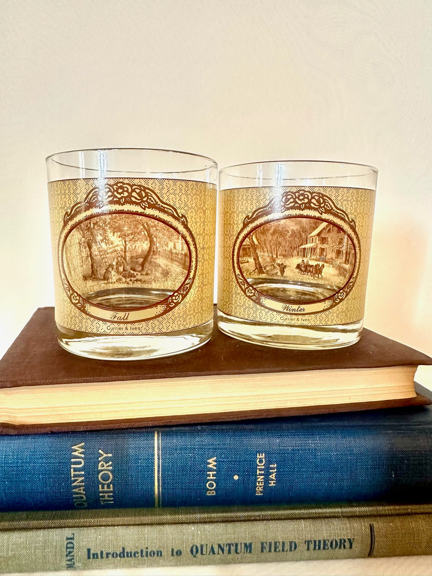 Set of Four Currier & Ives Four Seasons Panoramic Whiskey Glasses
