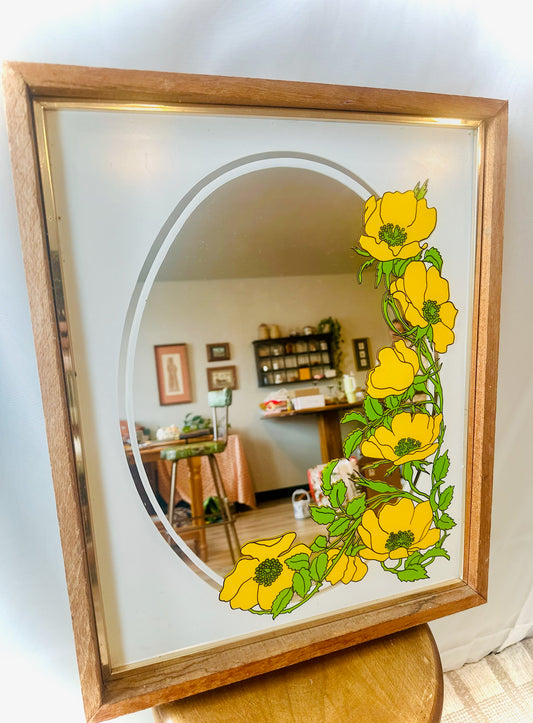 Vintage Wood-Framed Yellow Flower Mirror | Local Pickup Only