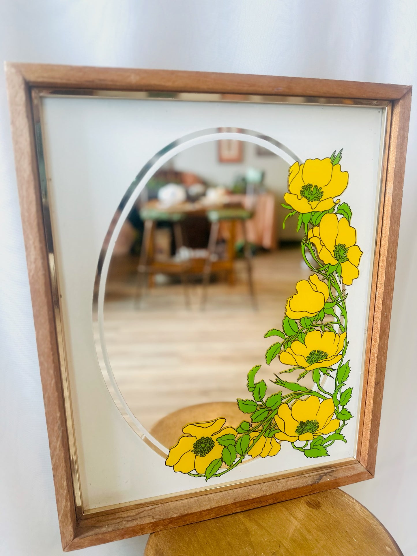 Vintage Wood-Framed Yellow Flower Mirror | Local Pickup Only