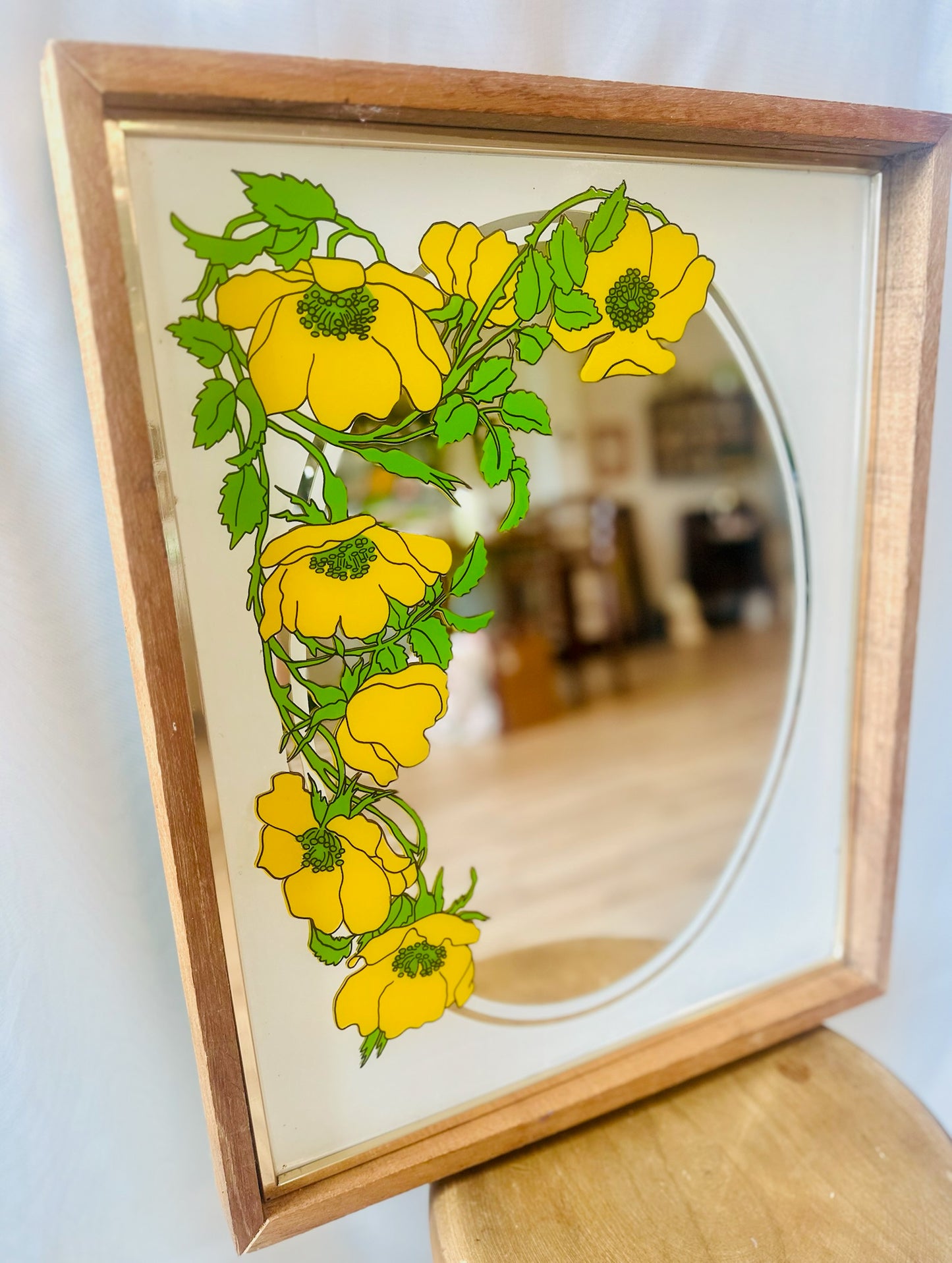 Vintage Wood-Framed Yellow Flower Mirror | Local Pickup Only