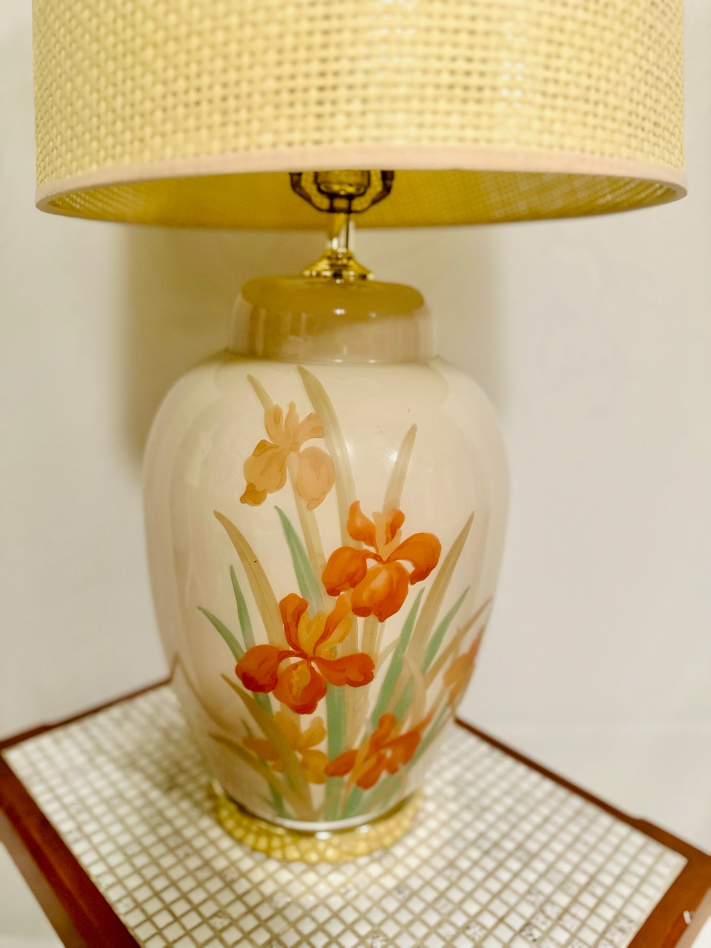 1980 Floral Motif Ginger Jar Painted Glass Table Lamp | Local Pickup Only