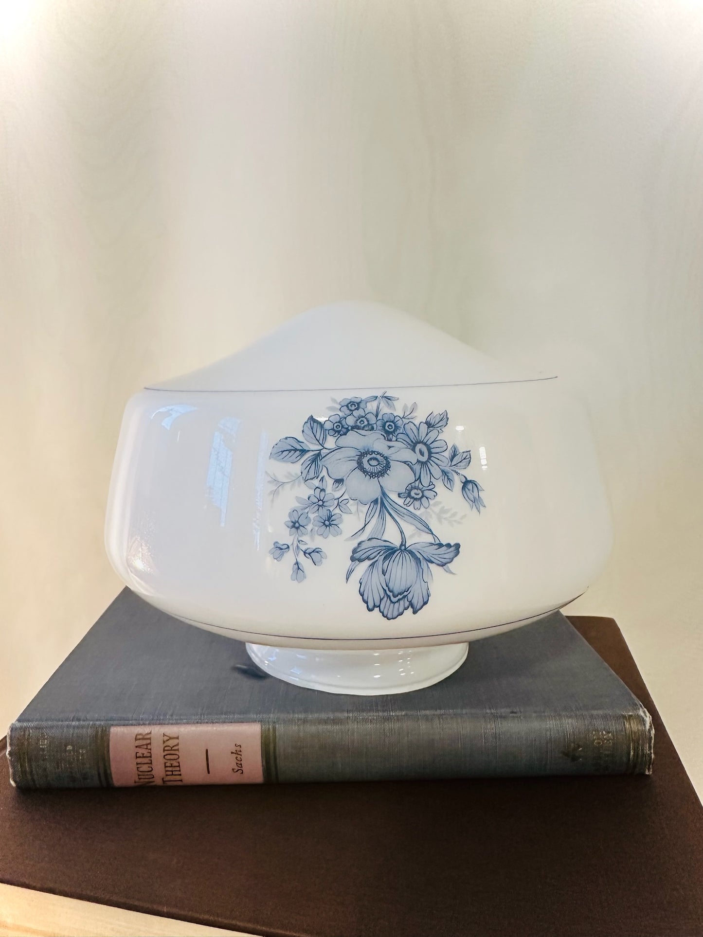 Vintage Milk Glass Schoolhouse Blue Floral Light Shade with 4” opening