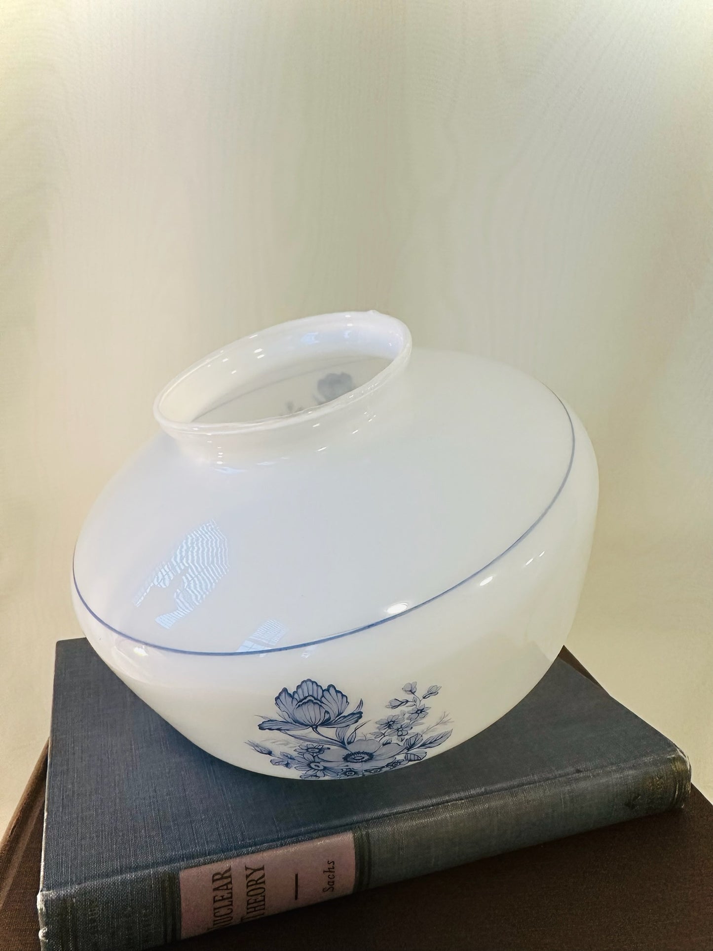 Vintage Milk Glass Schoolhouse Blue Floral Light Shade with 4” opening
