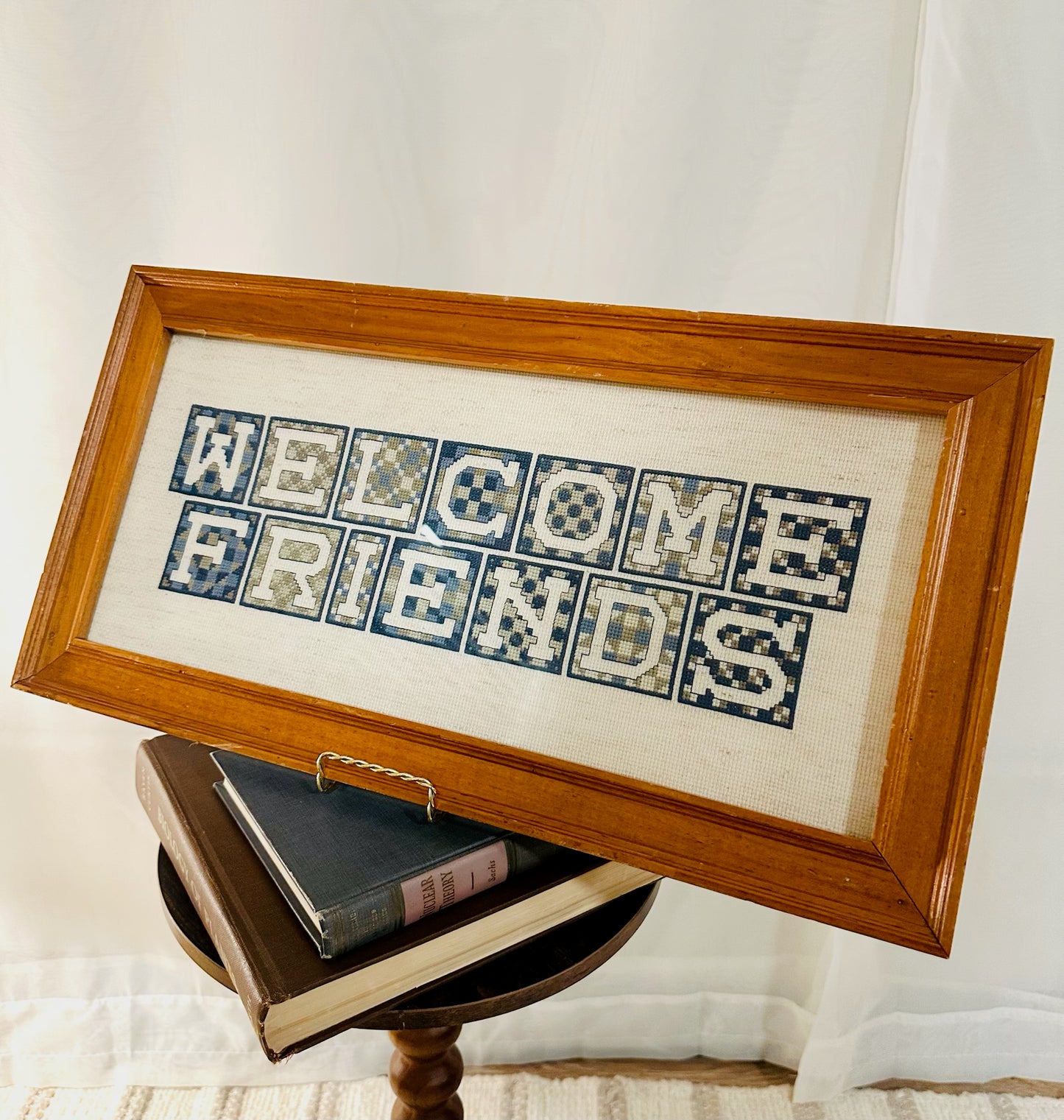 Welcome Friends Framed Vintage Cross Stitch